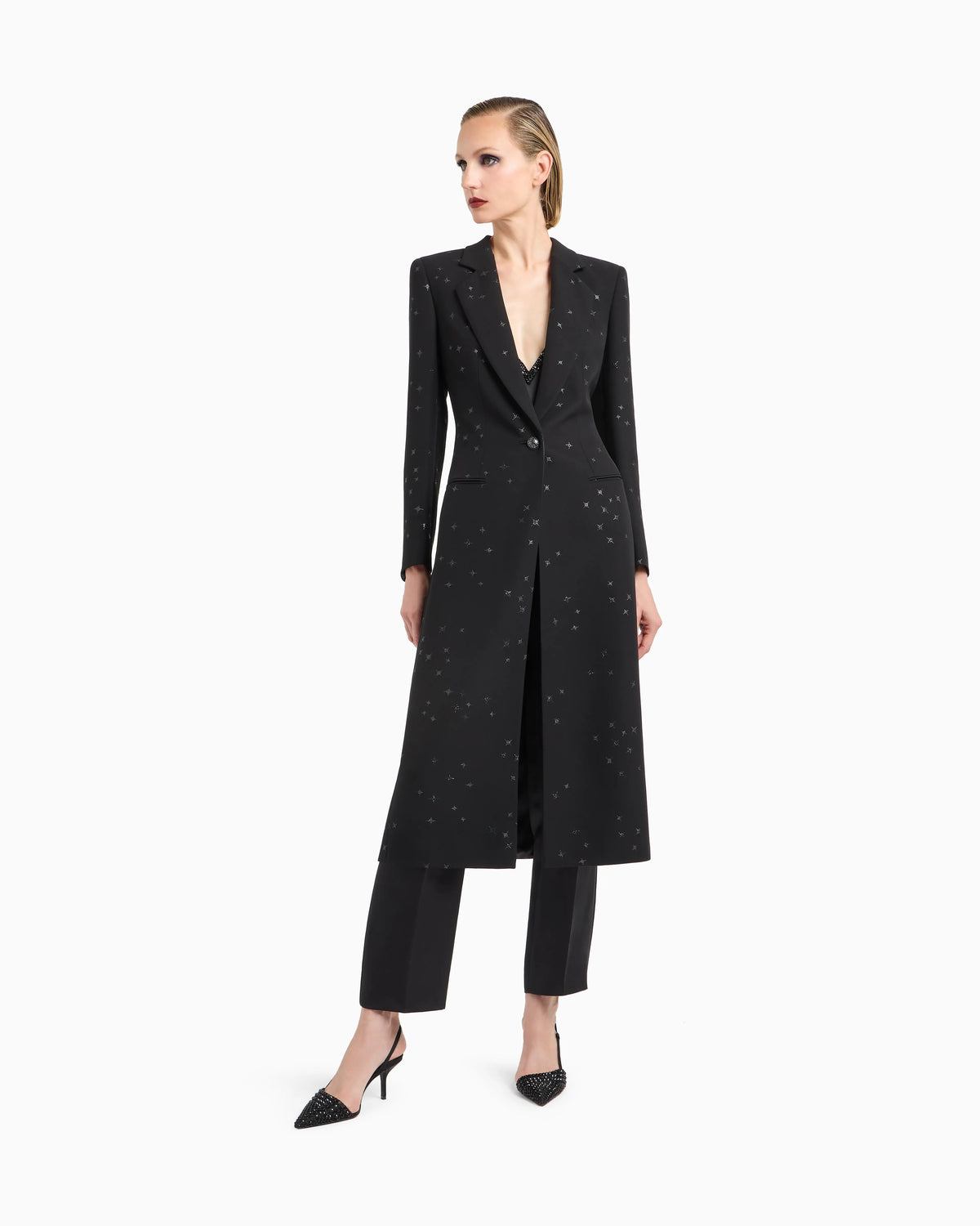 Silk cady long coat with glitter motif