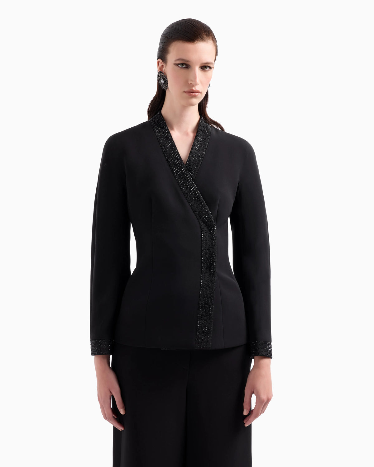 Single-breasted jacket in silk cady with applied crystals