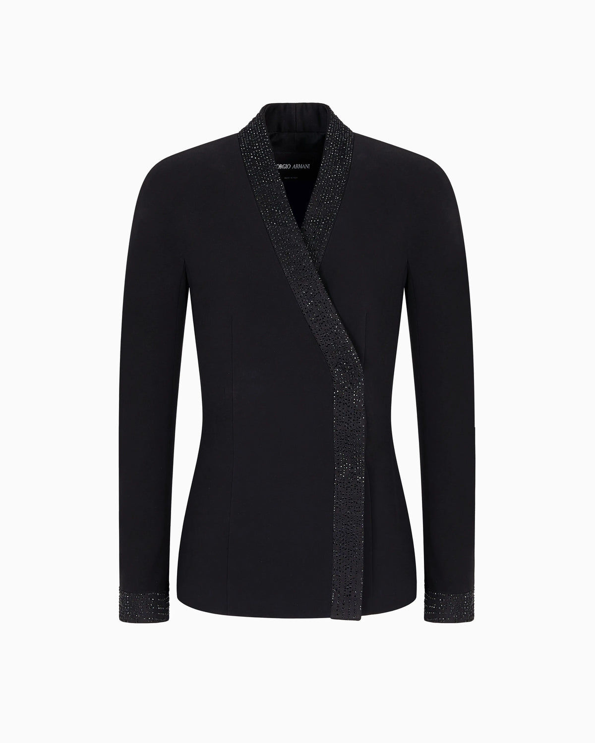 Single-breasted jacket in silk cady with applied crystals
