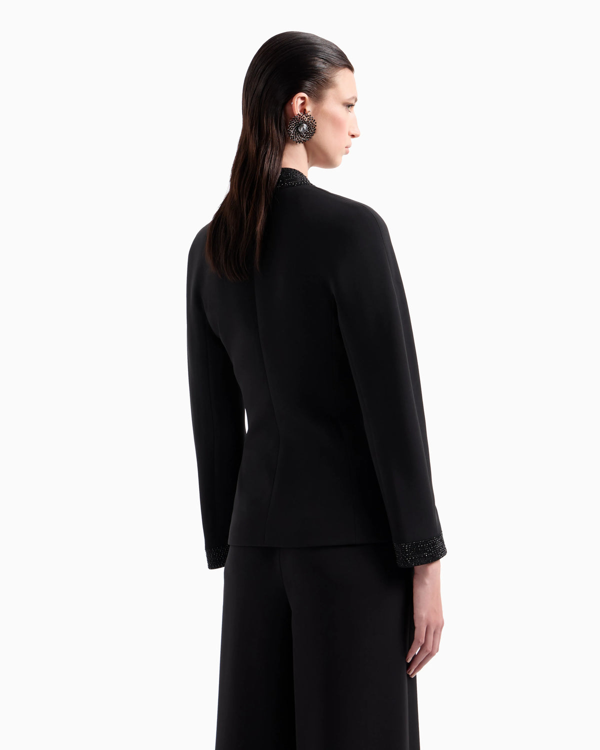 Single-breasted jacket in silk cady with applied crystals