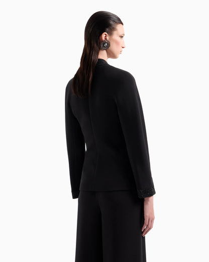 Single-breasted jacket in silk cady with applied crystals