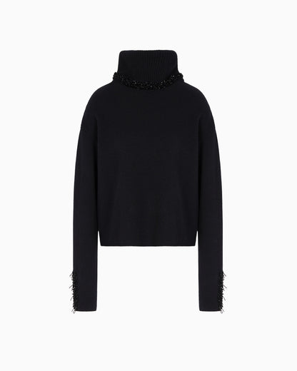 Mock-neck jumper in cashmere and wool with embroidery