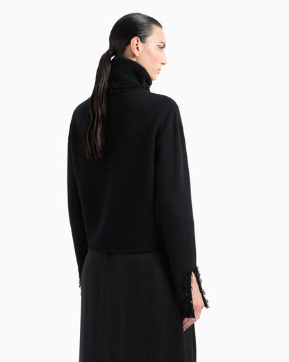 Mock-neck jumper in cashmere and wool with embroidery