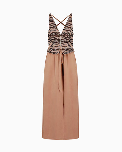 Embroidered viscose and silk long dress