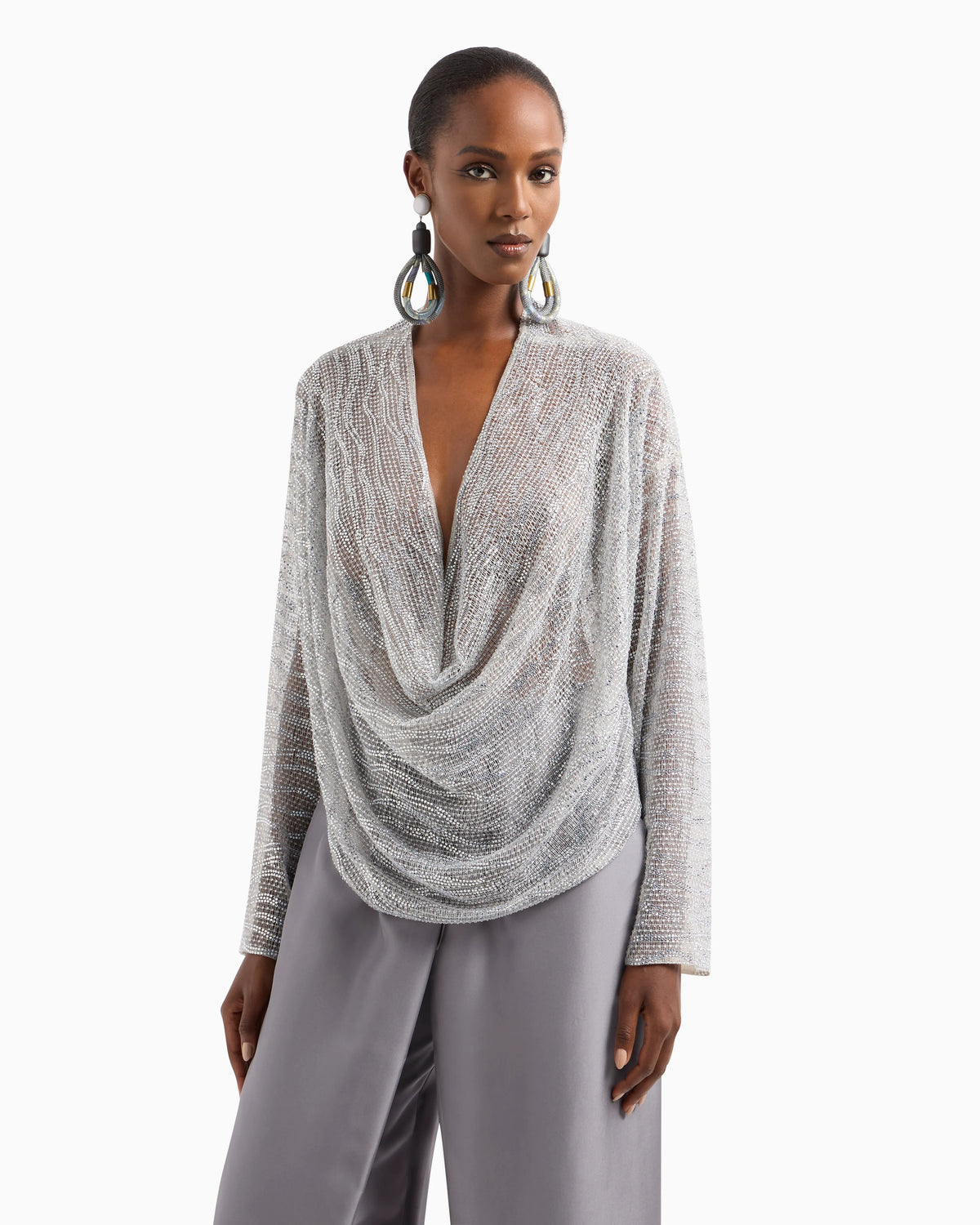 Draped blouse with lurex and crystal embroidery