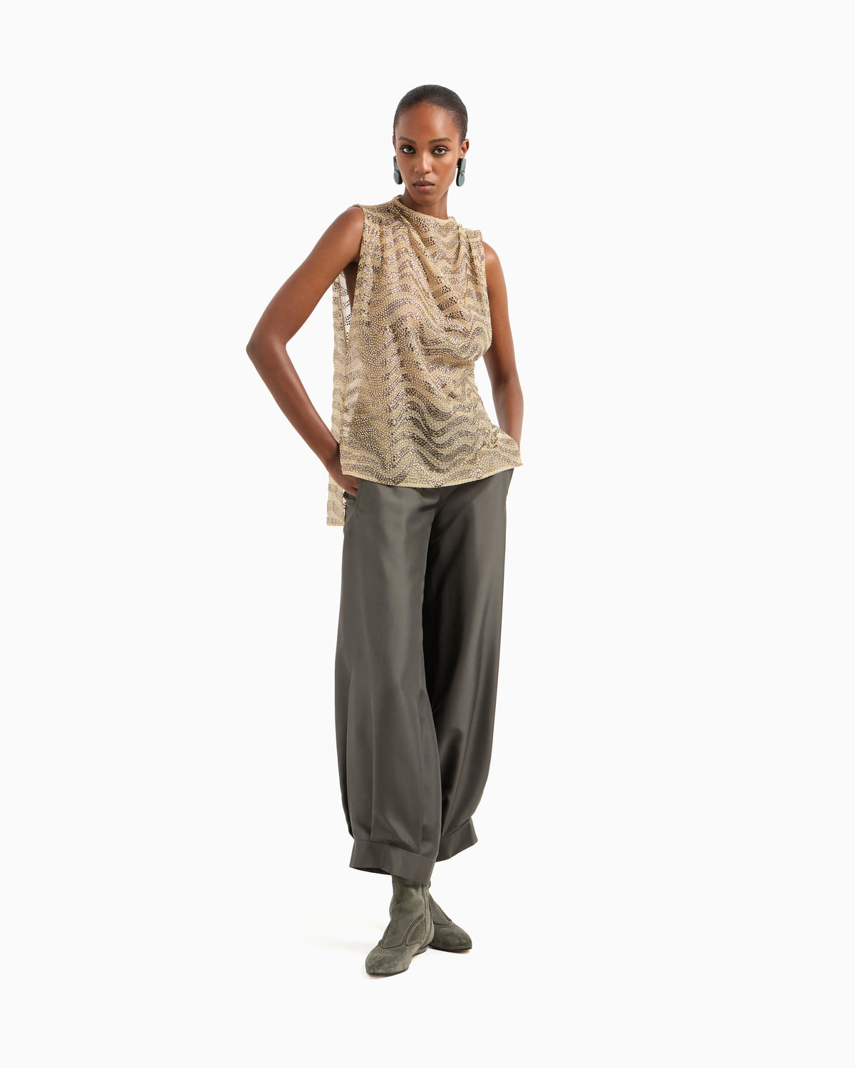 Mesh and lurex top with rhinestone embroidery