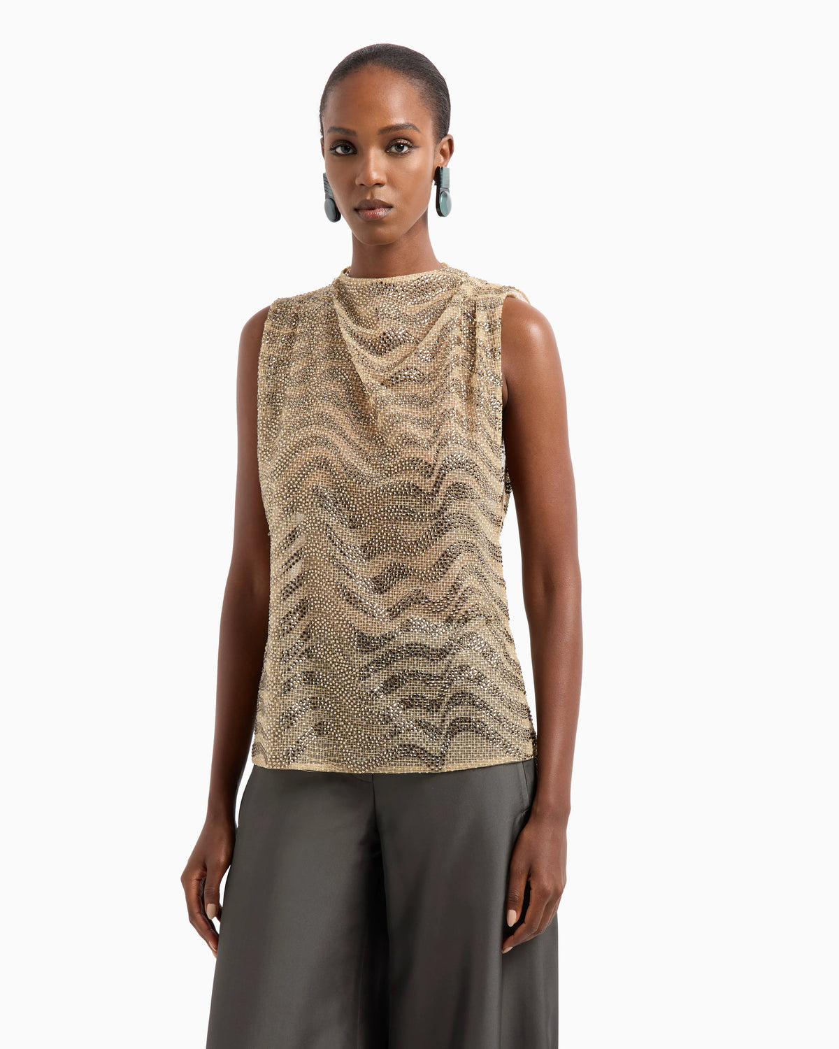 Mesh and lurex top with rhinestone embroidery