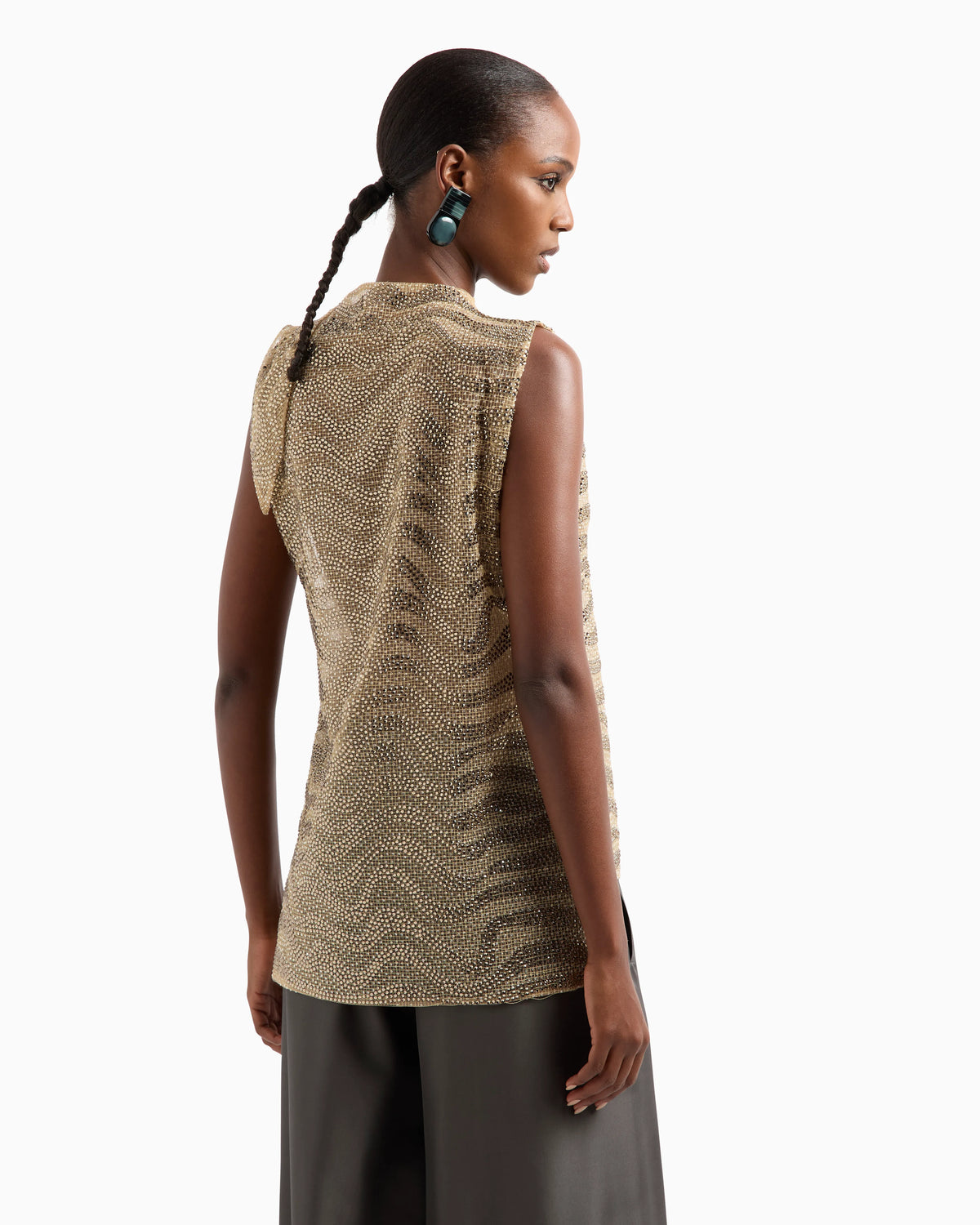 Mesh and lurex top with rhinestone embroidery