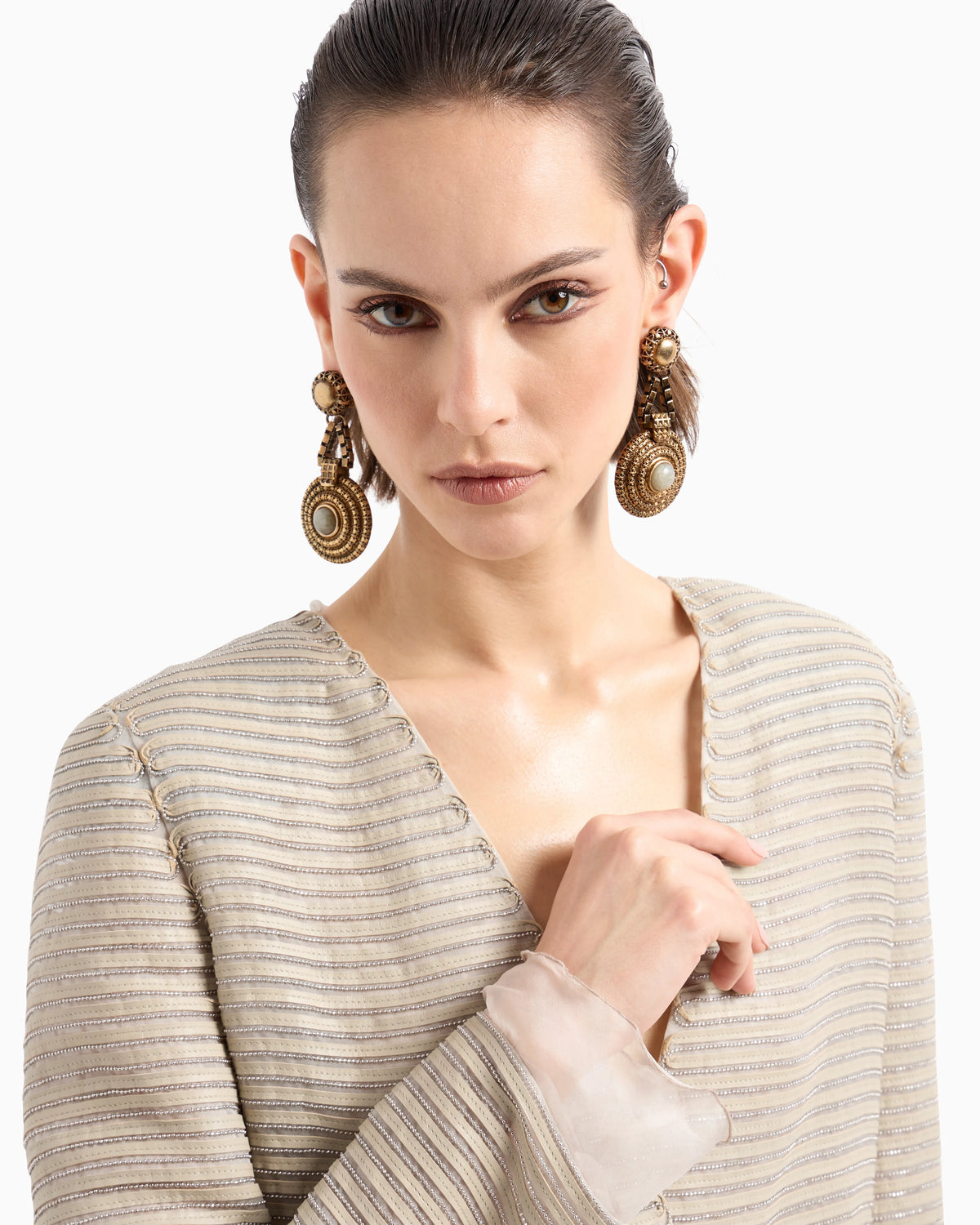 Single-breasted jacket in silk chiffon with embroidered suede webbing