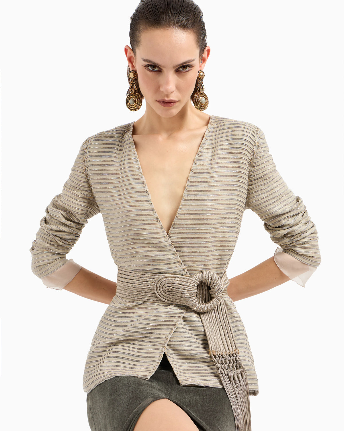 Single-breasted jacket in silk chiffon with embroidered suede webbing