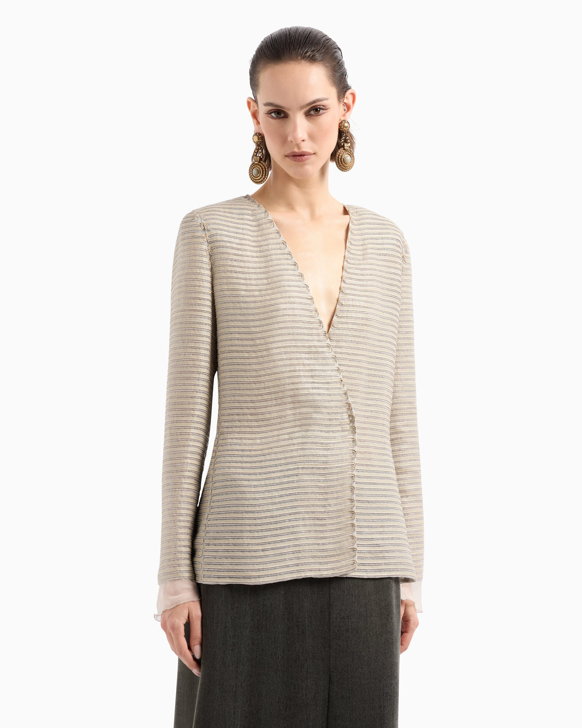 Single-breasted jacket in silk chiffon with embroidered suede webbing