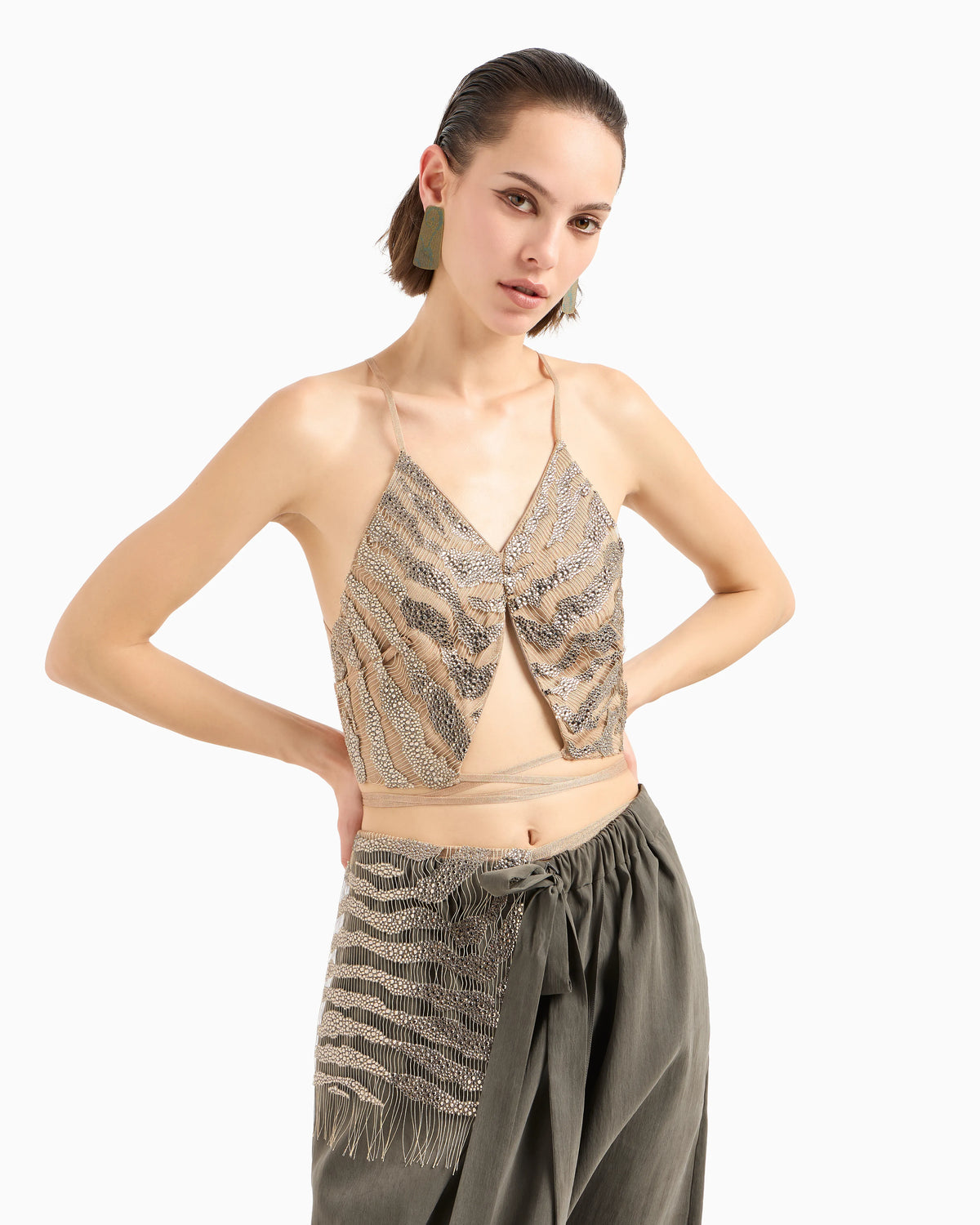 Embroidered silk and viscose jersey top