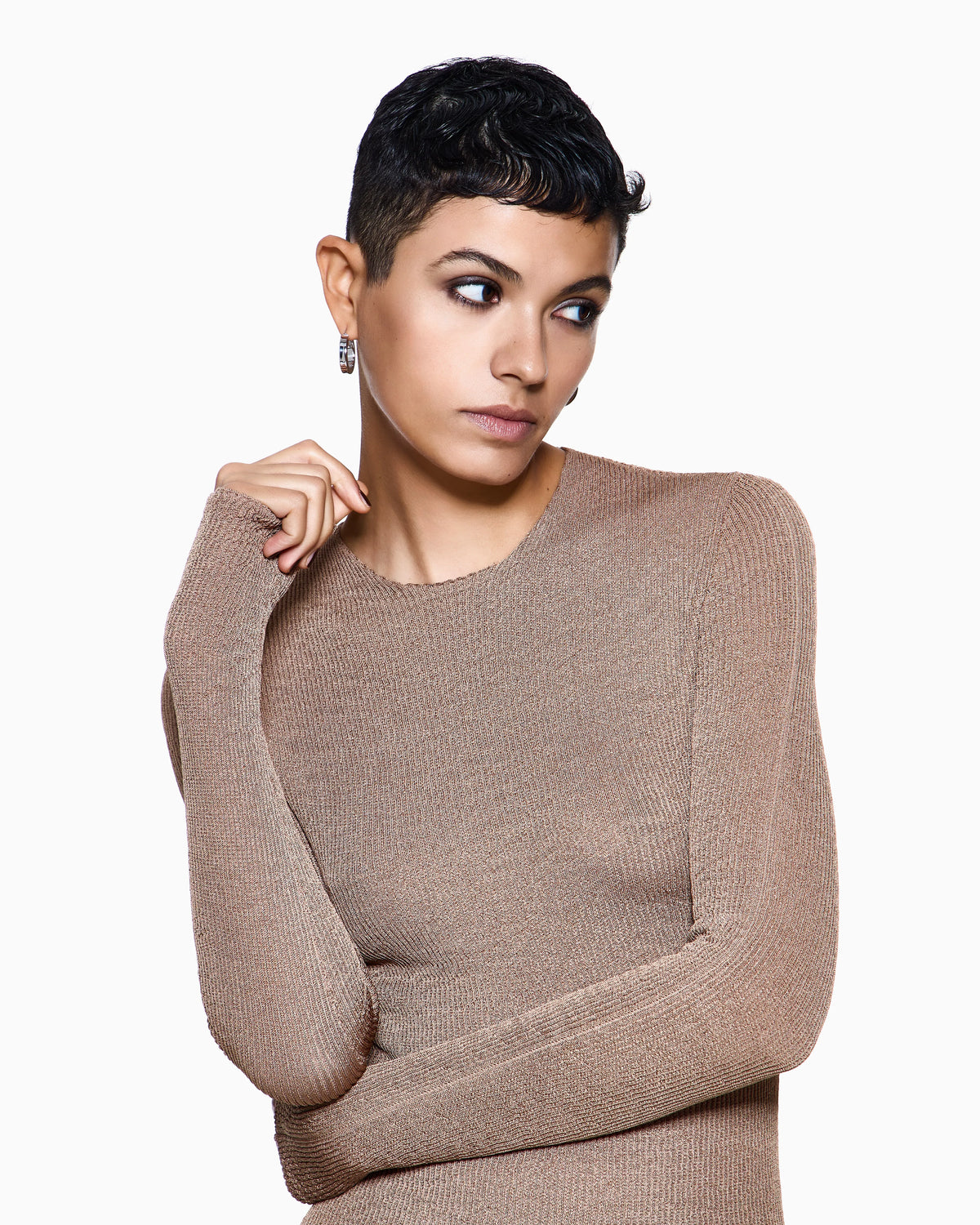Stretch viscose blend crew-neck jumper