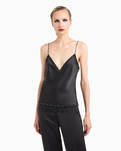 V-neck silk top with embroidery