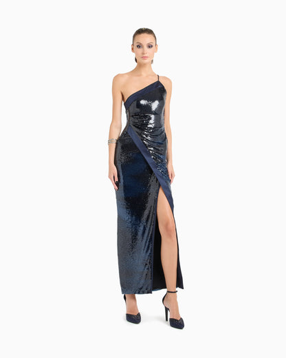 One-shoulder long tulle dress with sequin embroidery