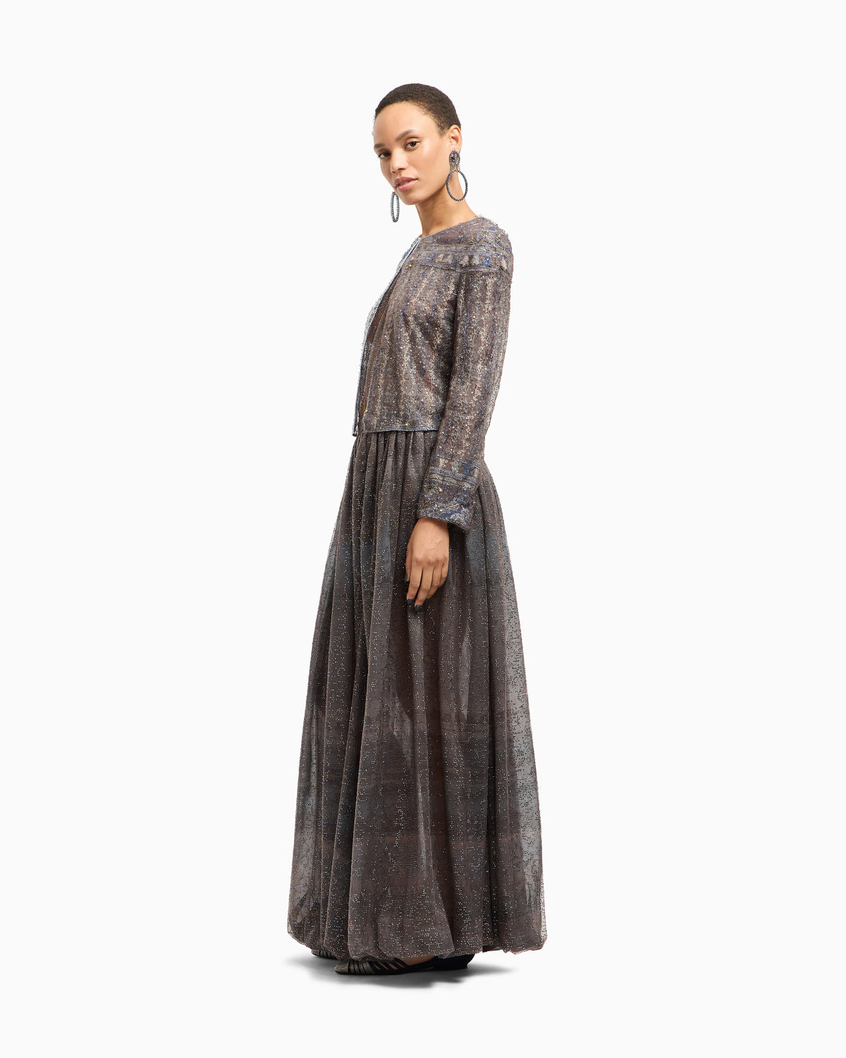 Long skirt in organza and embroidered tulle