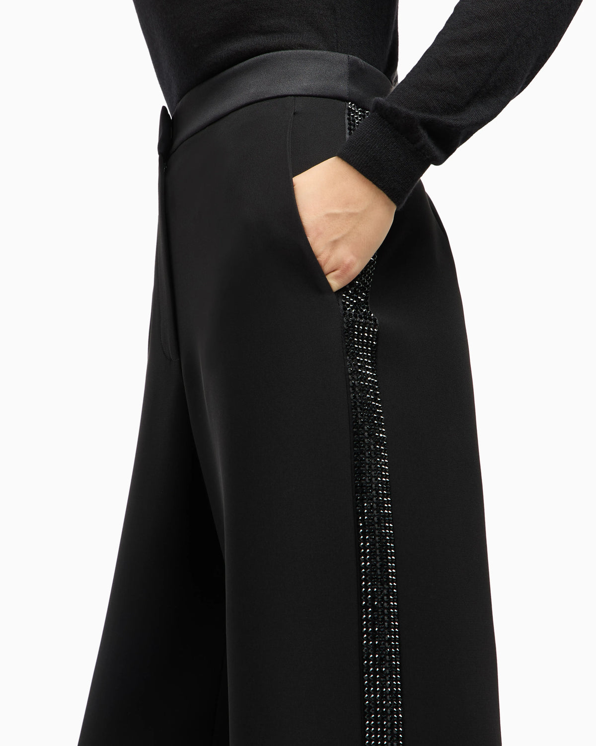 Wide-leg silk trousers with rhinestone details