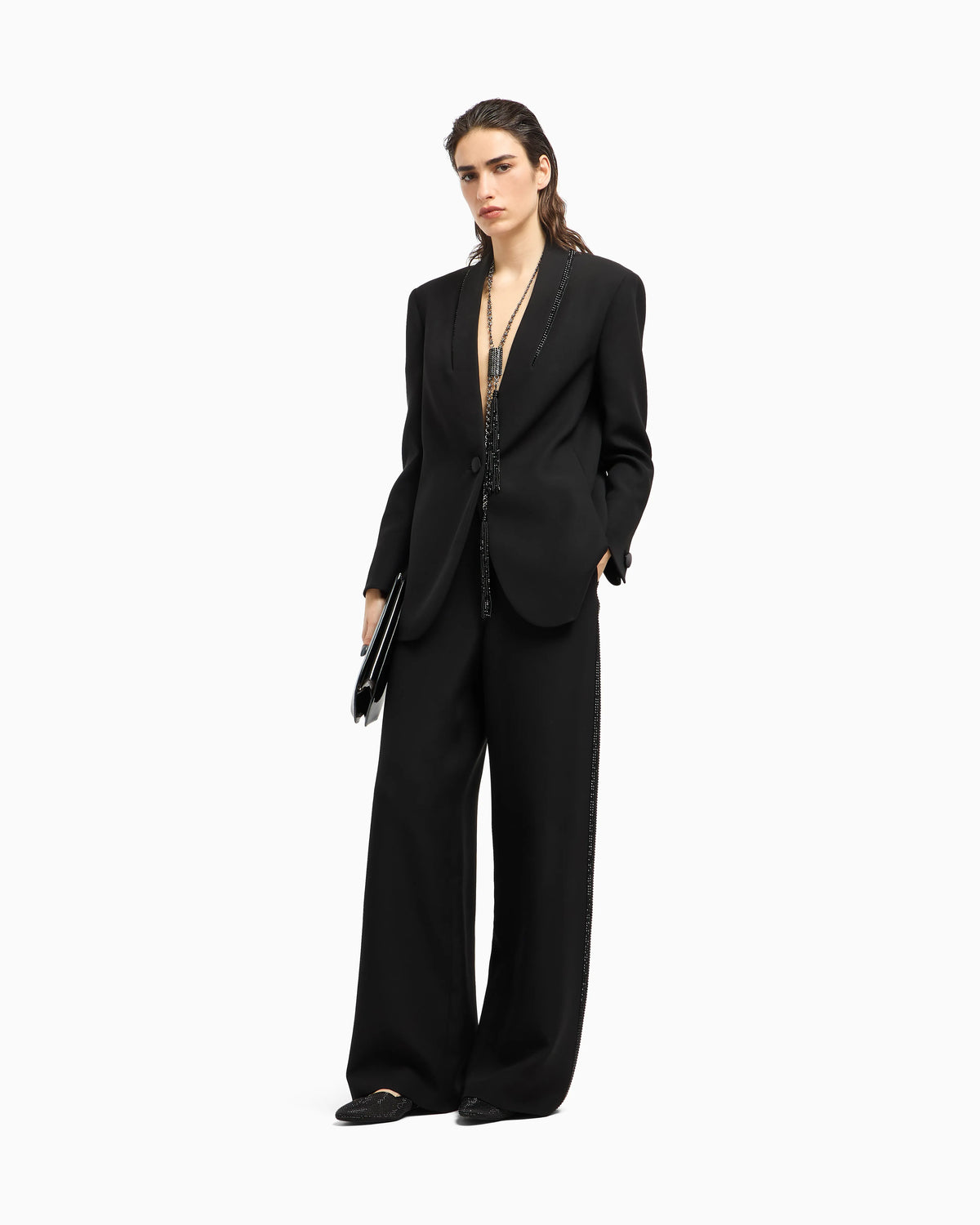 Wide-leg silk trousers with rhinestone details