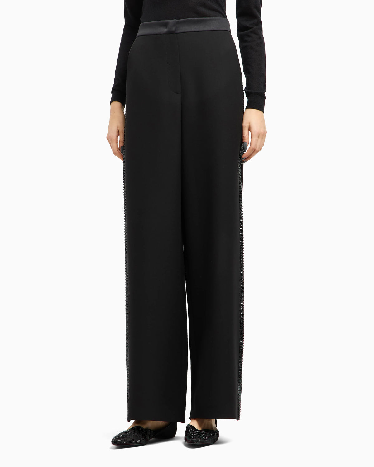 Wide-leg silk trousers with rhinestone details