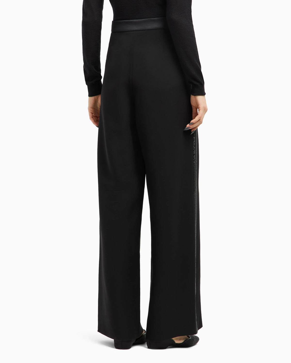 Wide-leg silk trousers with rhinestone details
