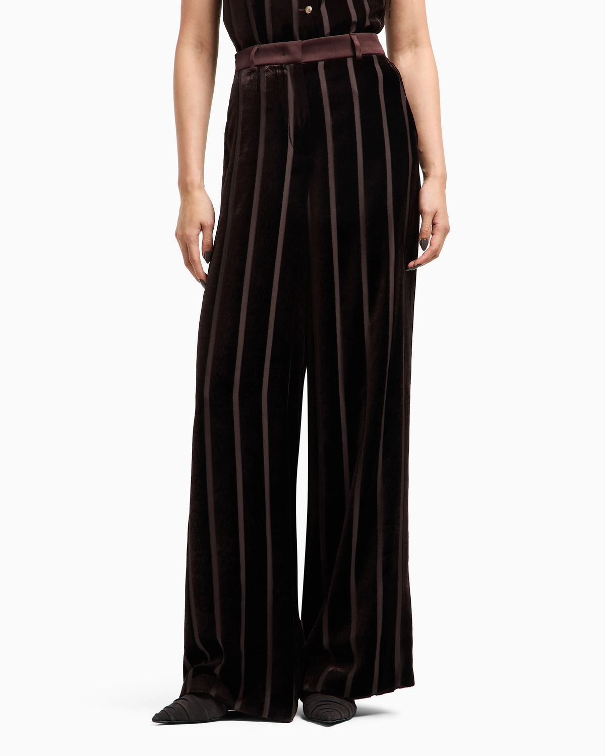 Wide-leg striped velvet trousers