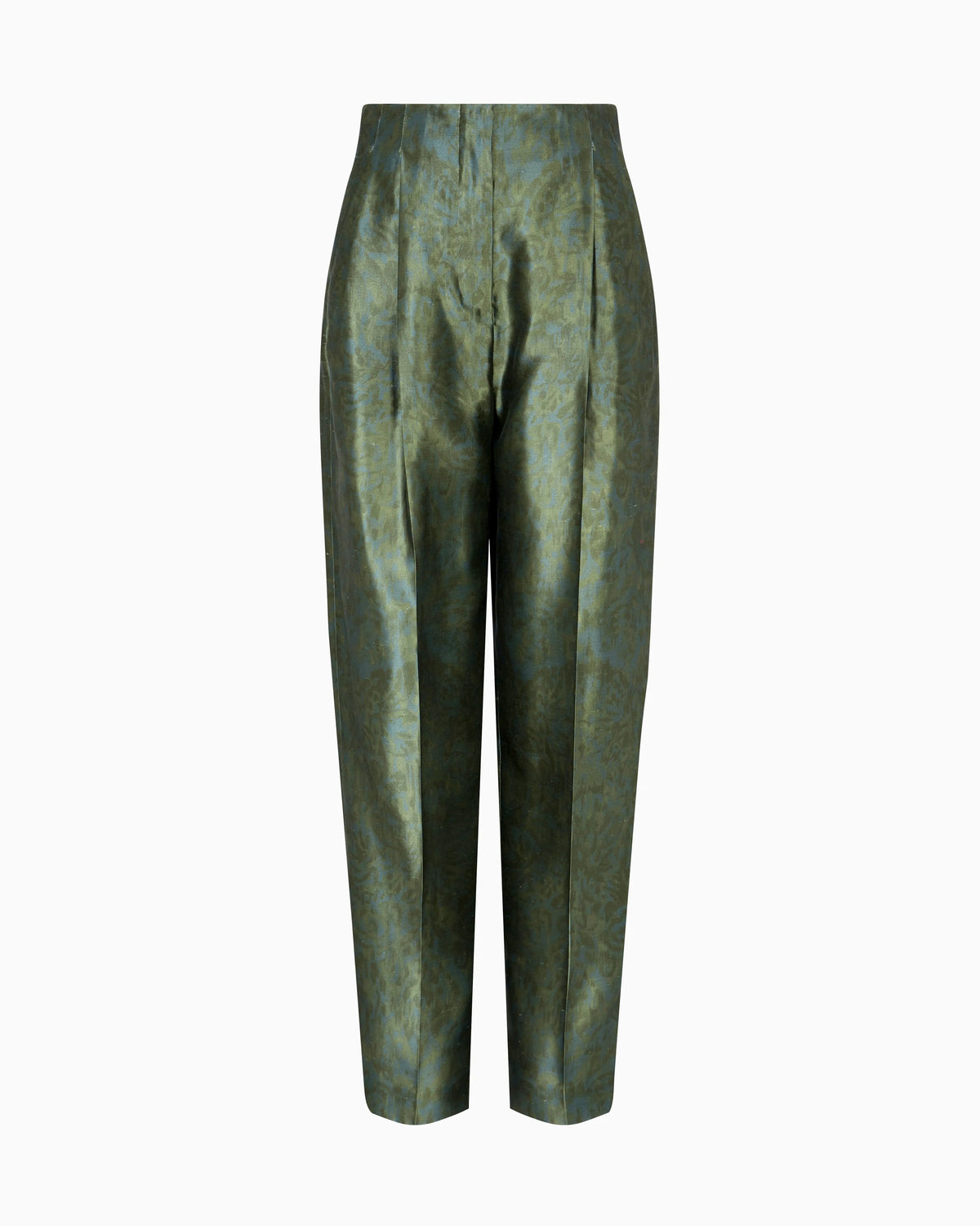 Single-pleat trousers in printed silk-shantung