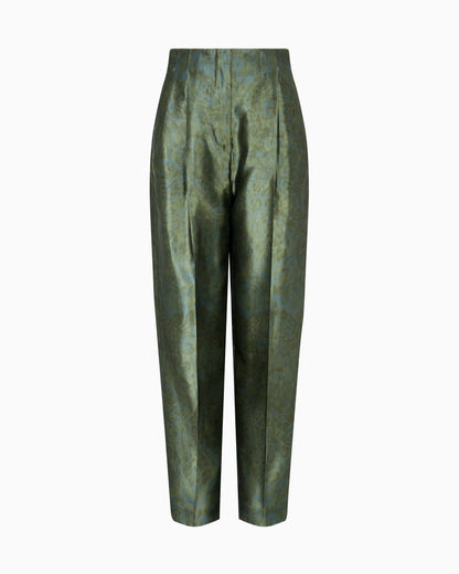 Single-pleat trousers in printed silk-shantung