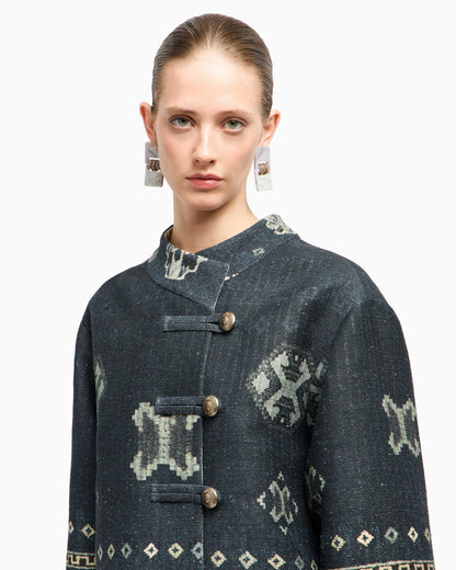 Printed tussah silk and cotton pea coat