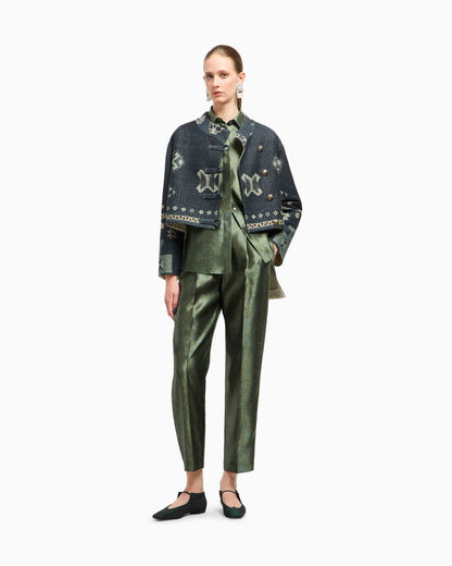 Printed tussah silk and cotton pea coat