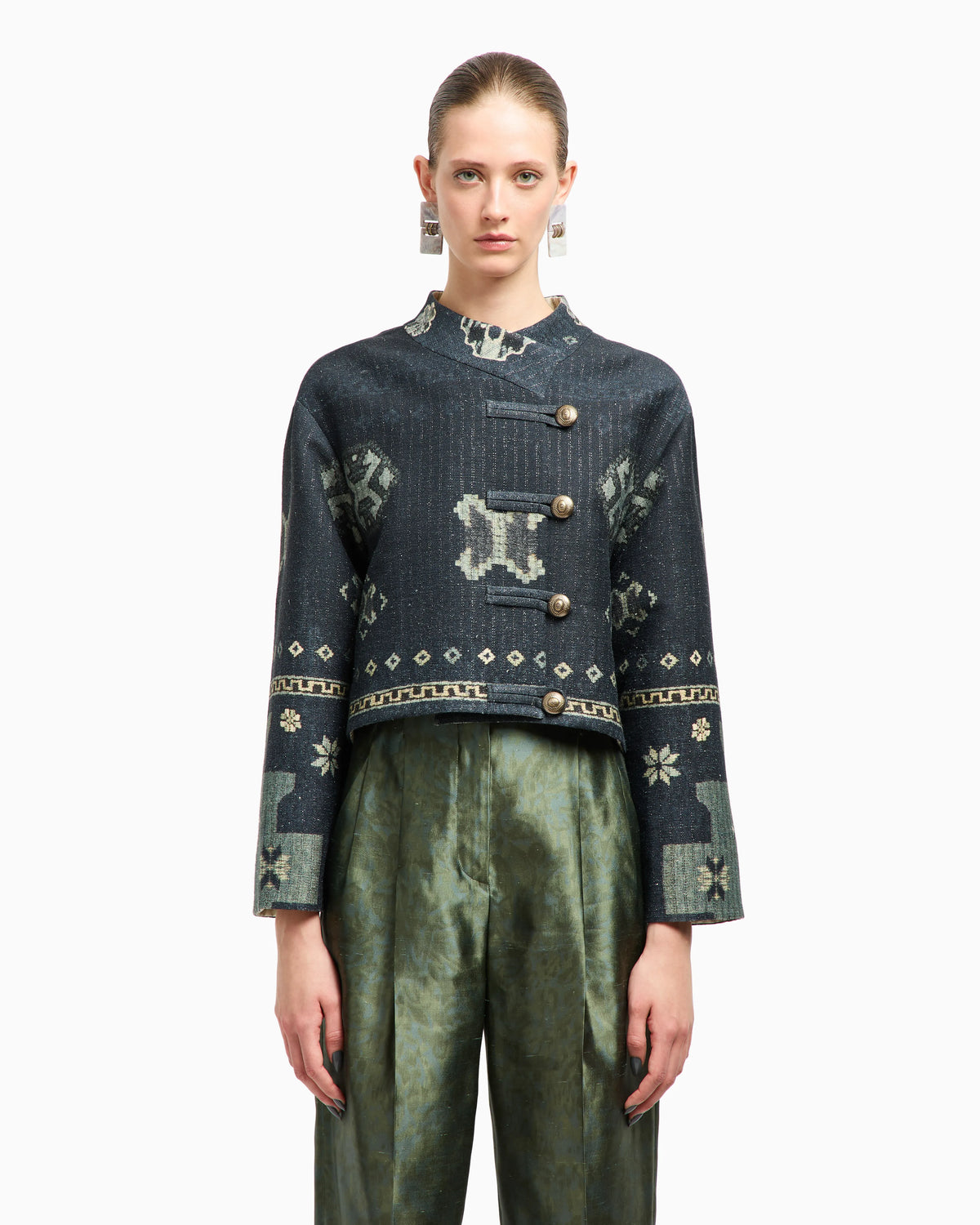 Printed tussah silk and cotton pea coat