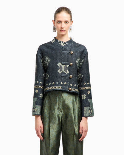 Printed tussah silk and cotton pea coat