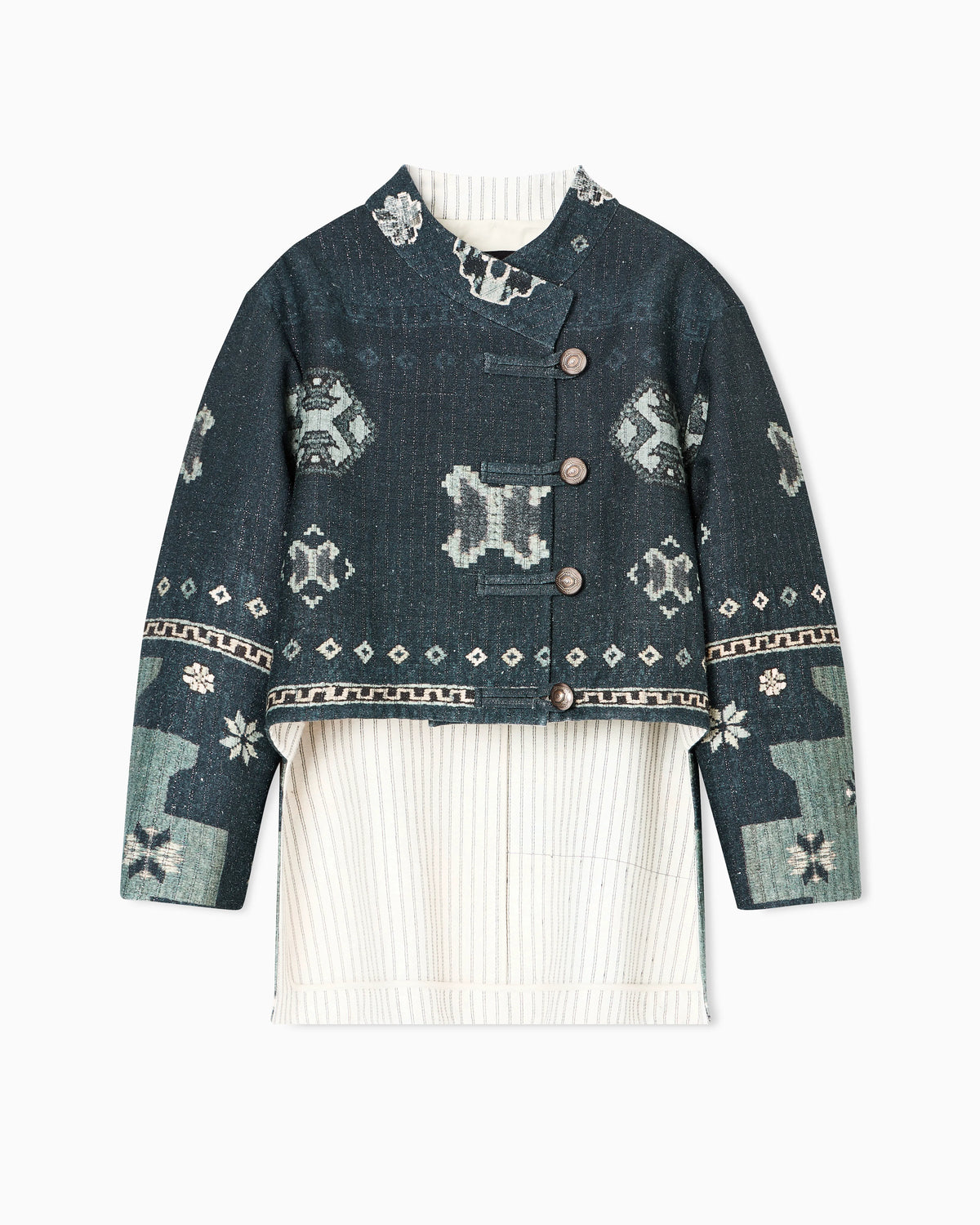 Printed tussah silk and cotton pea coat