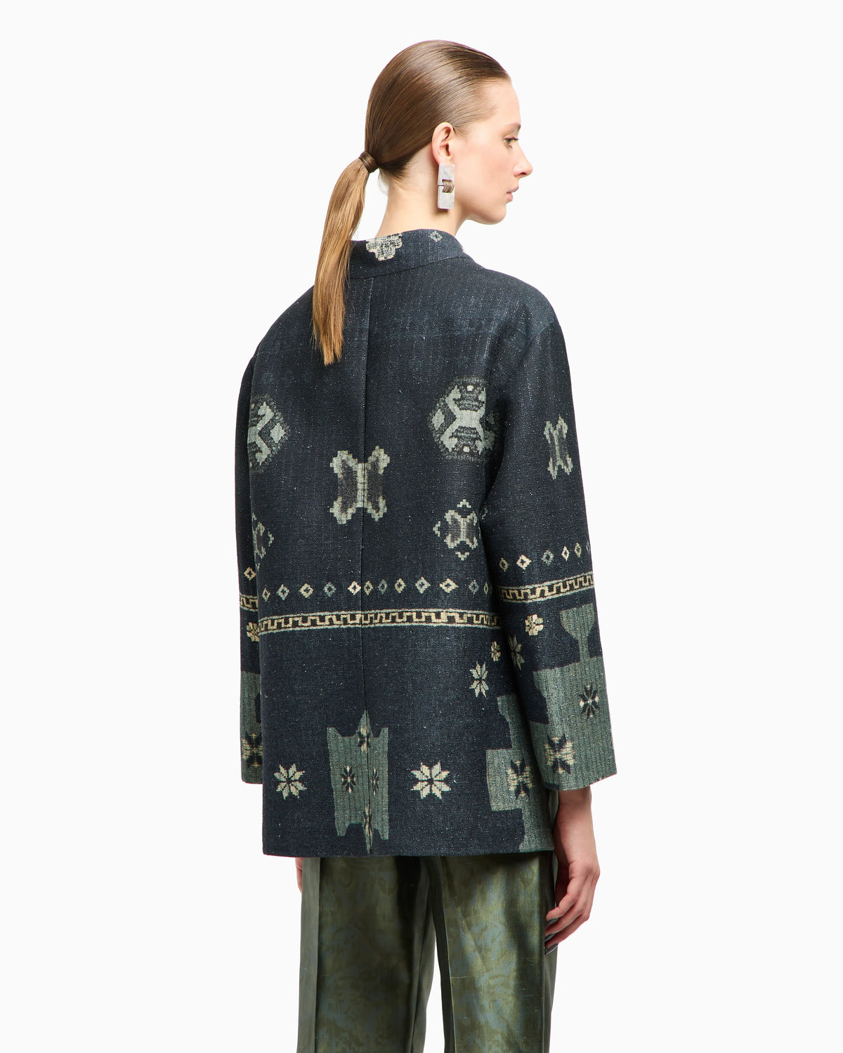 Printed tussah silk and cotton pea coat