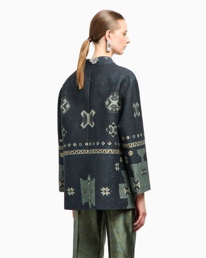 Printed tussah silk and cotton pea coat