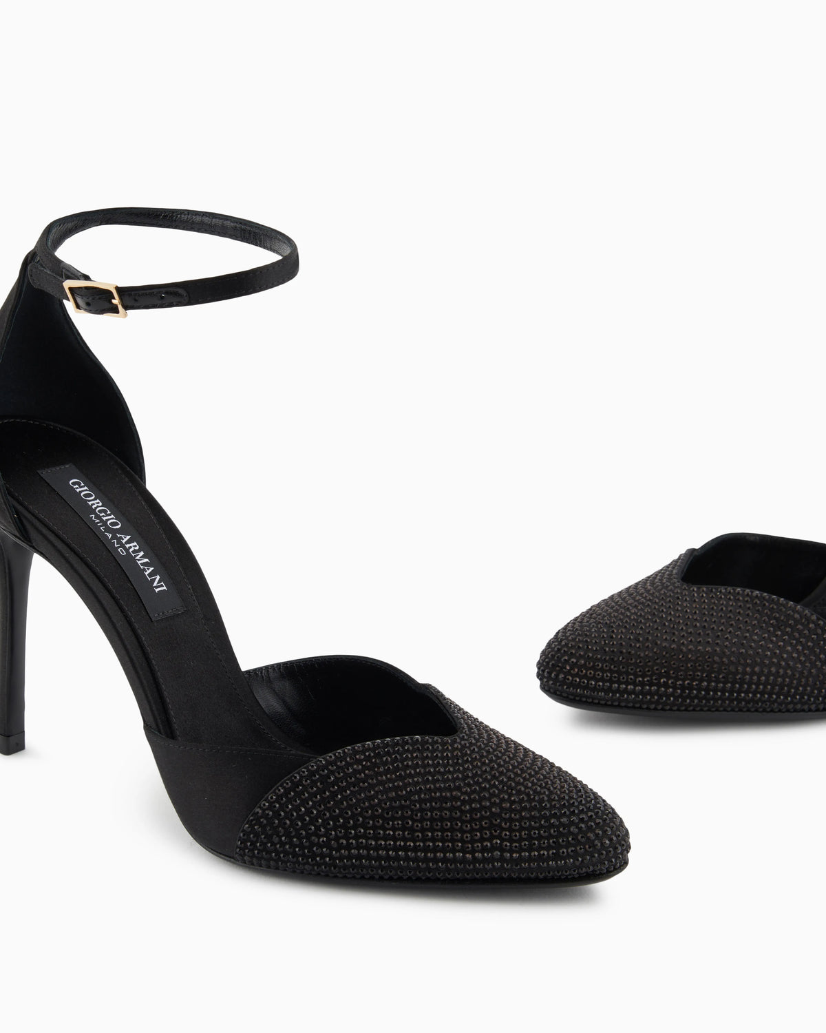 Satin and rhinestone ankle-strap pumps