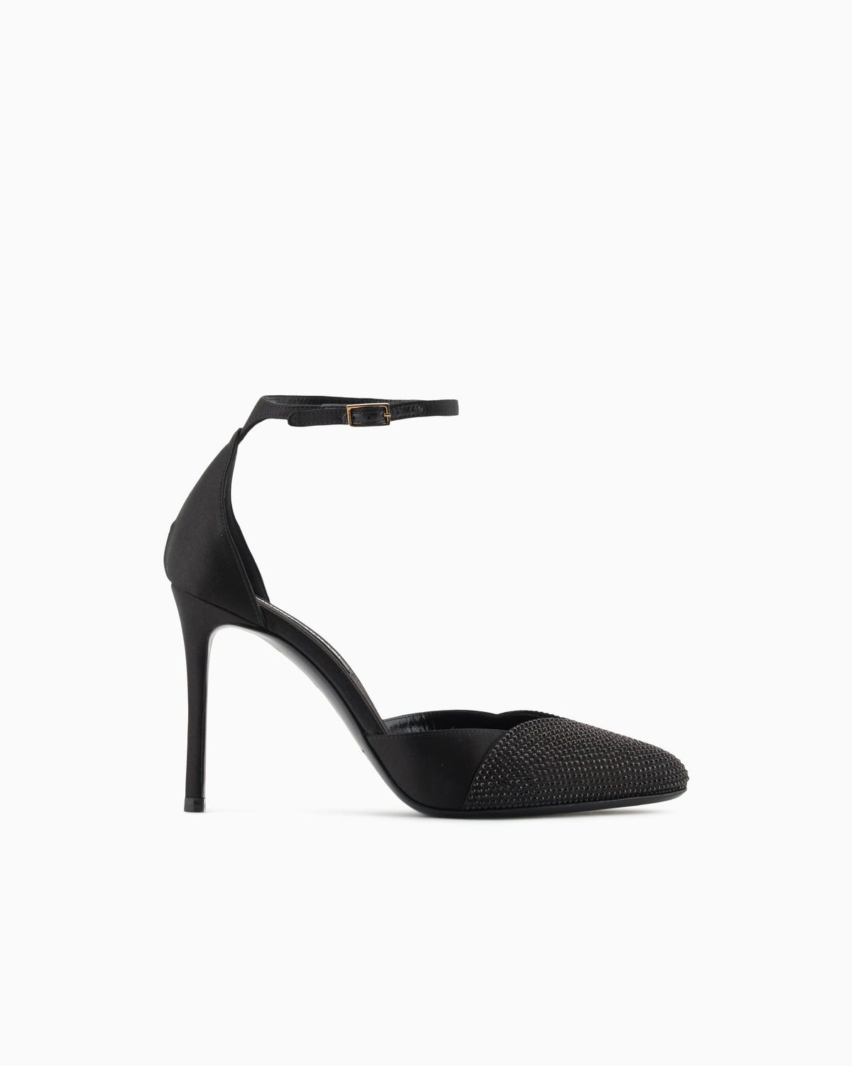 Satin and rhinestone ankle-strap pumps