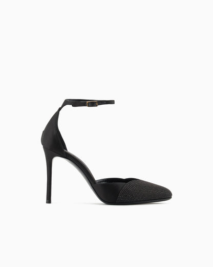 Satin and rhinestone ankle-strap pumps