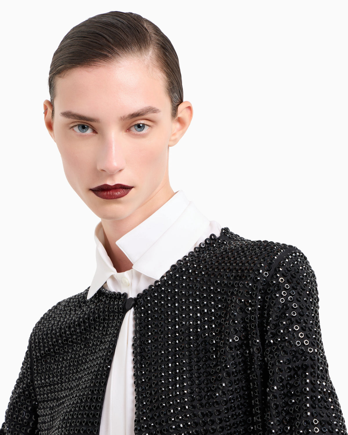 Crew-neck silk satin shirt with all-over embroidery