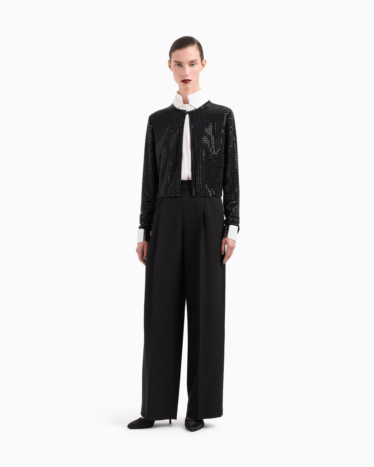 Crew-neck silk satin shirt with all-over embroidery
