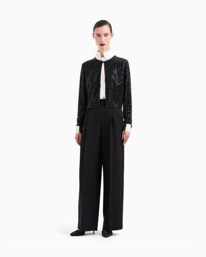 Crew-neck silk satin shirt with all-over embroidery