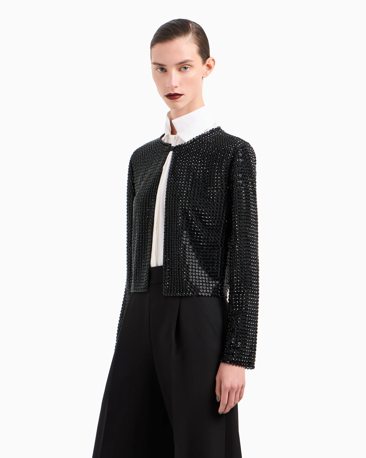 Crew-neck silk satin shirt with all-over embroidery