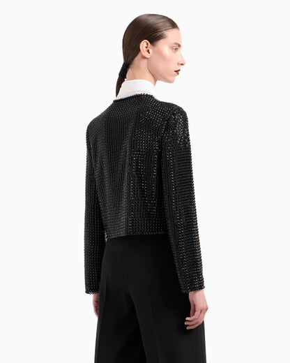 Crew-neck silk satin shirt with all-over embroidery