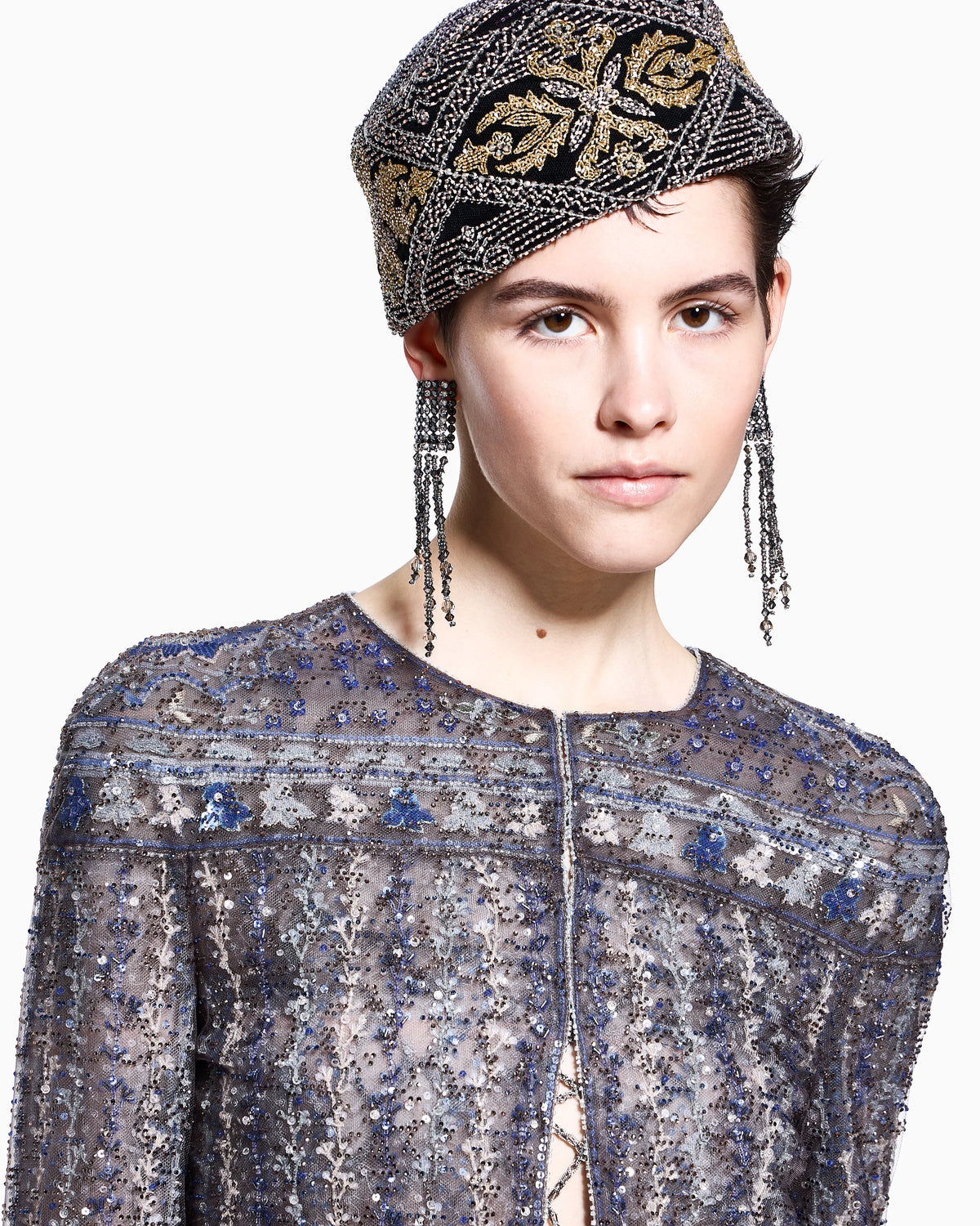Embroidered tulle shirt jacket