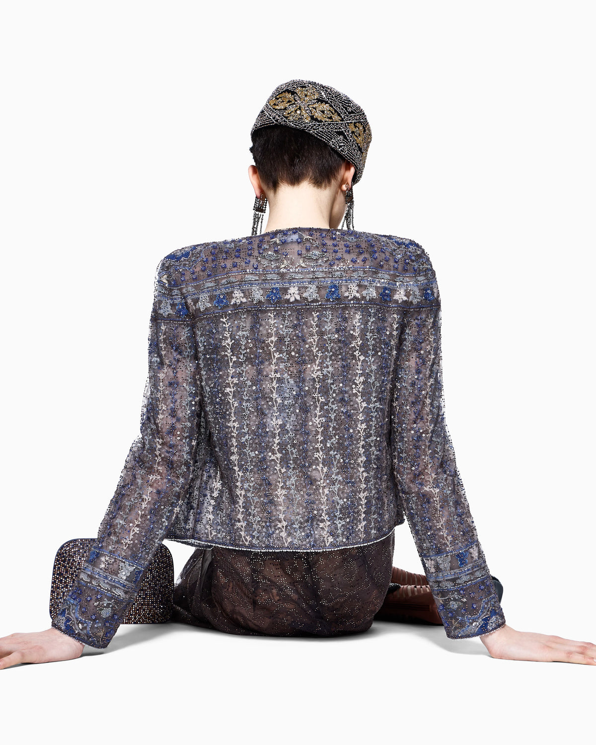 Embroidered tulle shirt jacket
