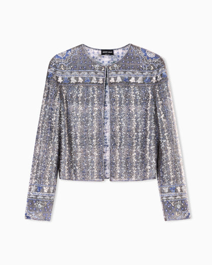 Embroidered tulle shirt jacket