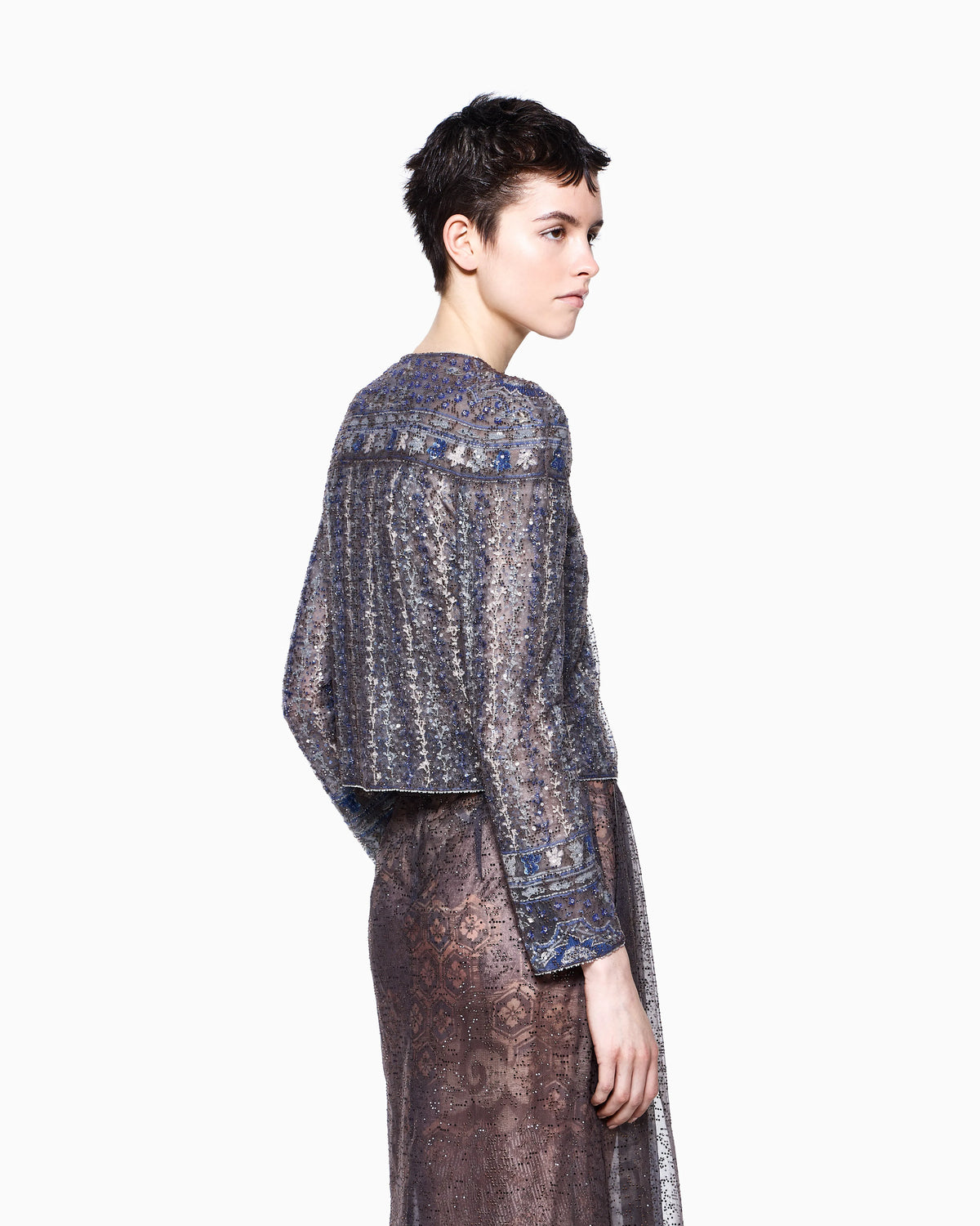 Embroidered tulle shirt jacket