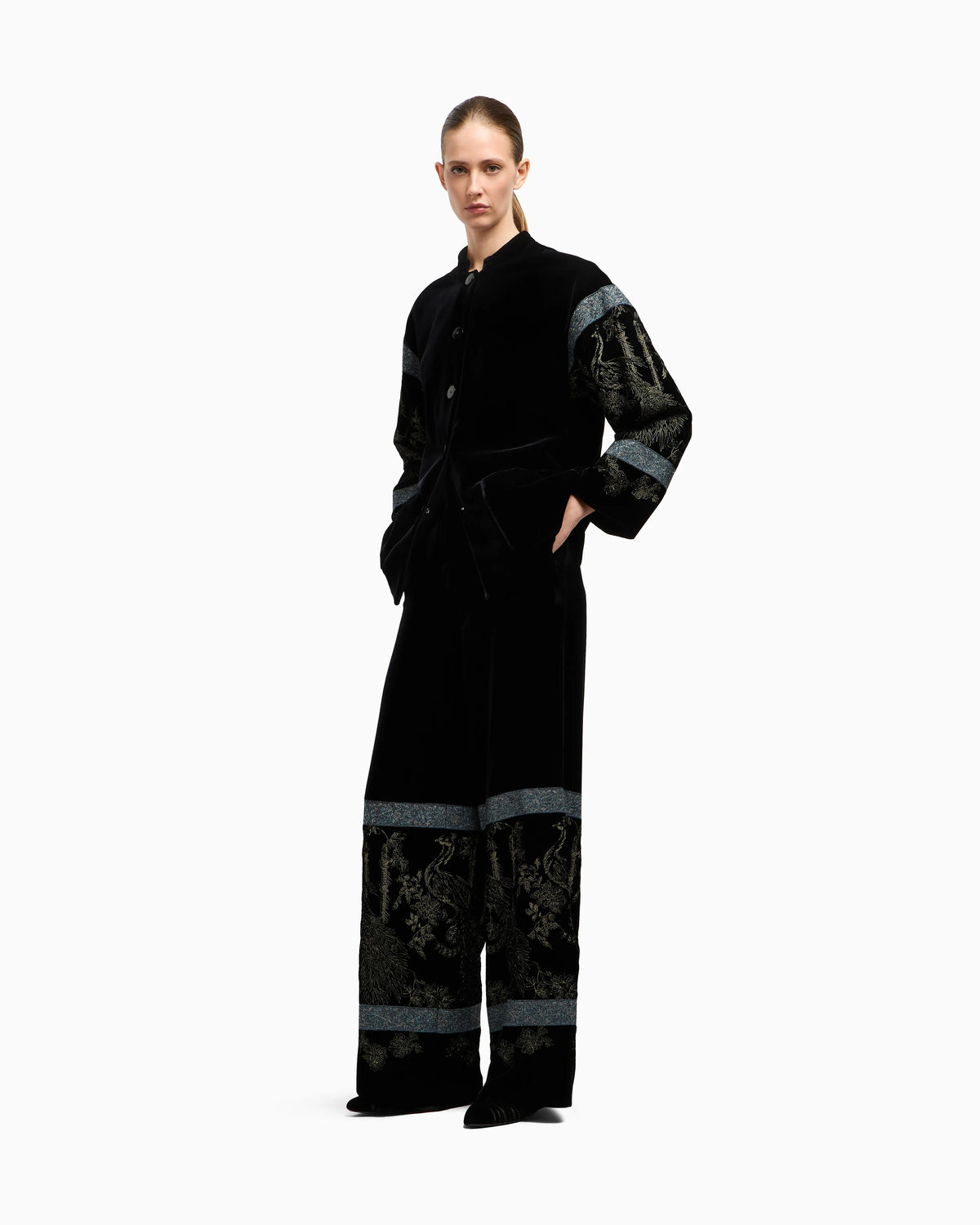 Embroidered velvet pea coat