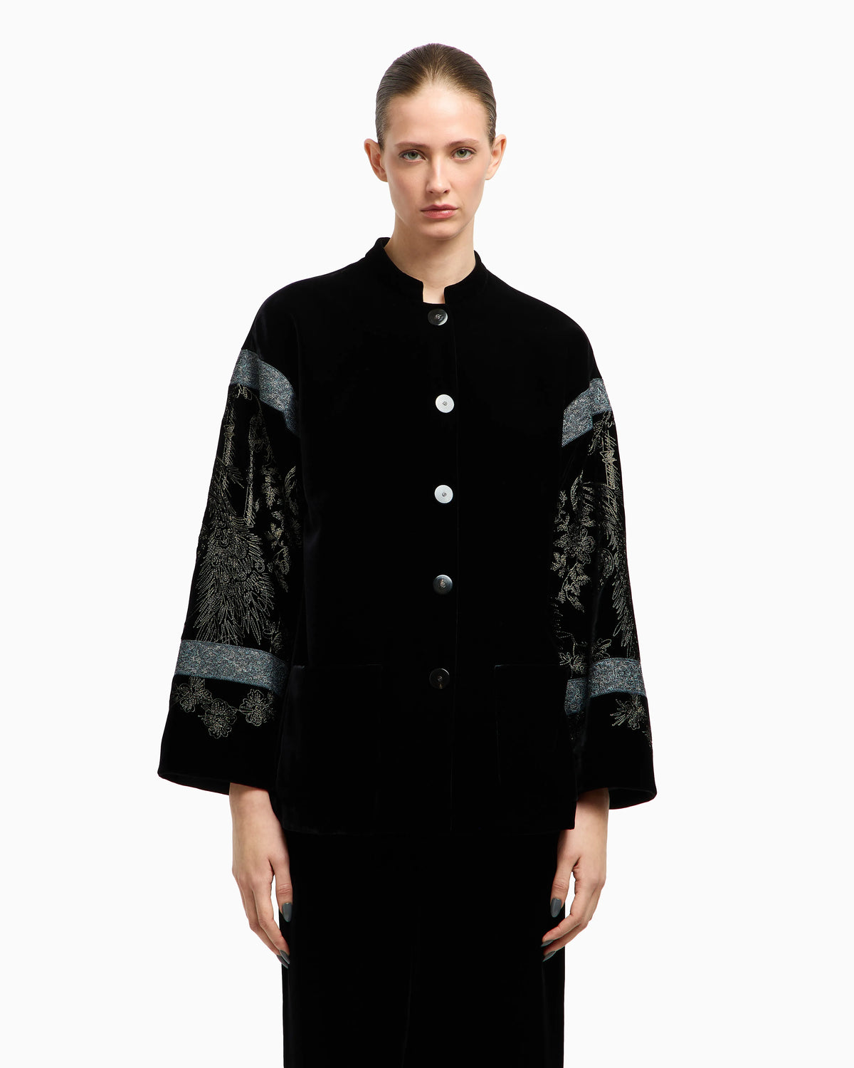 Embroidered velvet pea coat