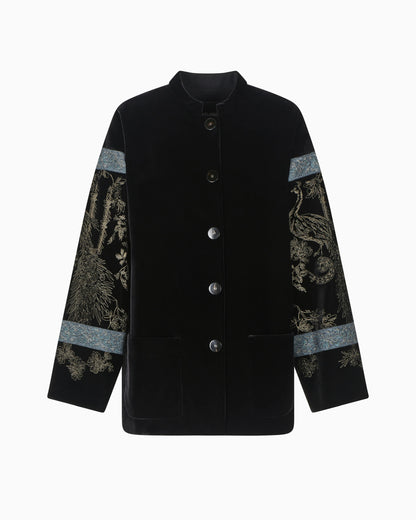 Embroidered velvet pea coat