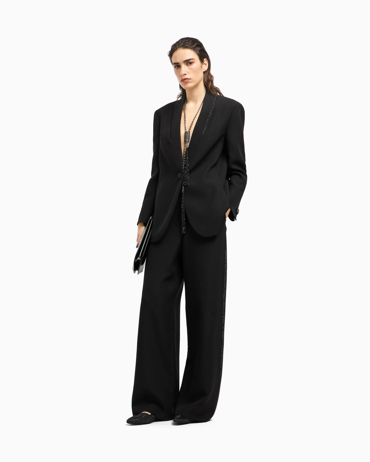 Single-breasted jacket in silk with rhinestones